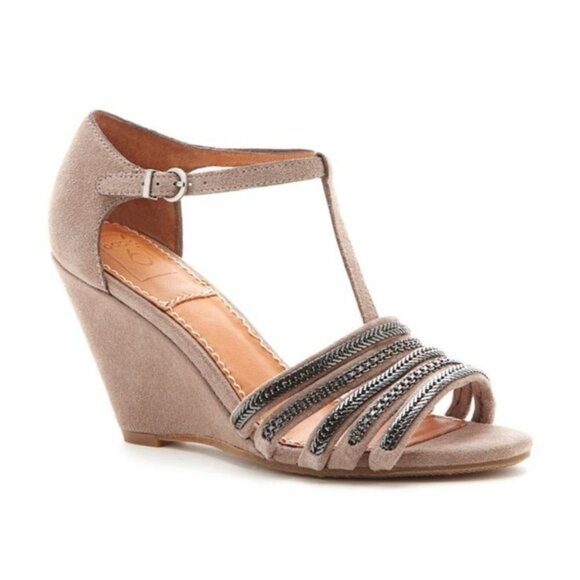 Anthropologie Bacio 61 Taupe Suede Wedge Sandals Chain Strappy - Picture 9 of 10